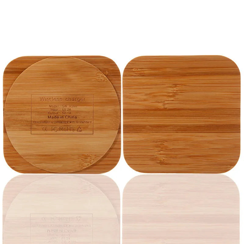 Square bamboo wood 5W wireless charging pad with LED indicator lights.