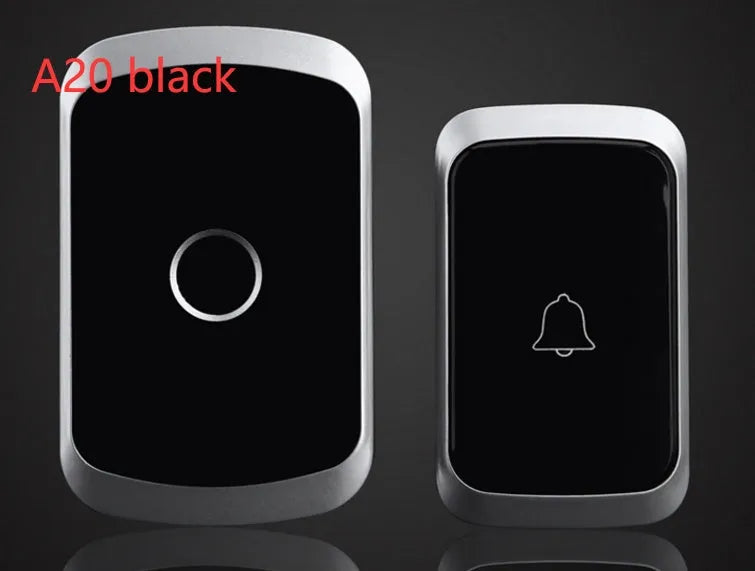Wireless doorbell push button and plug-in chime unit in black, white, gold, or silver.