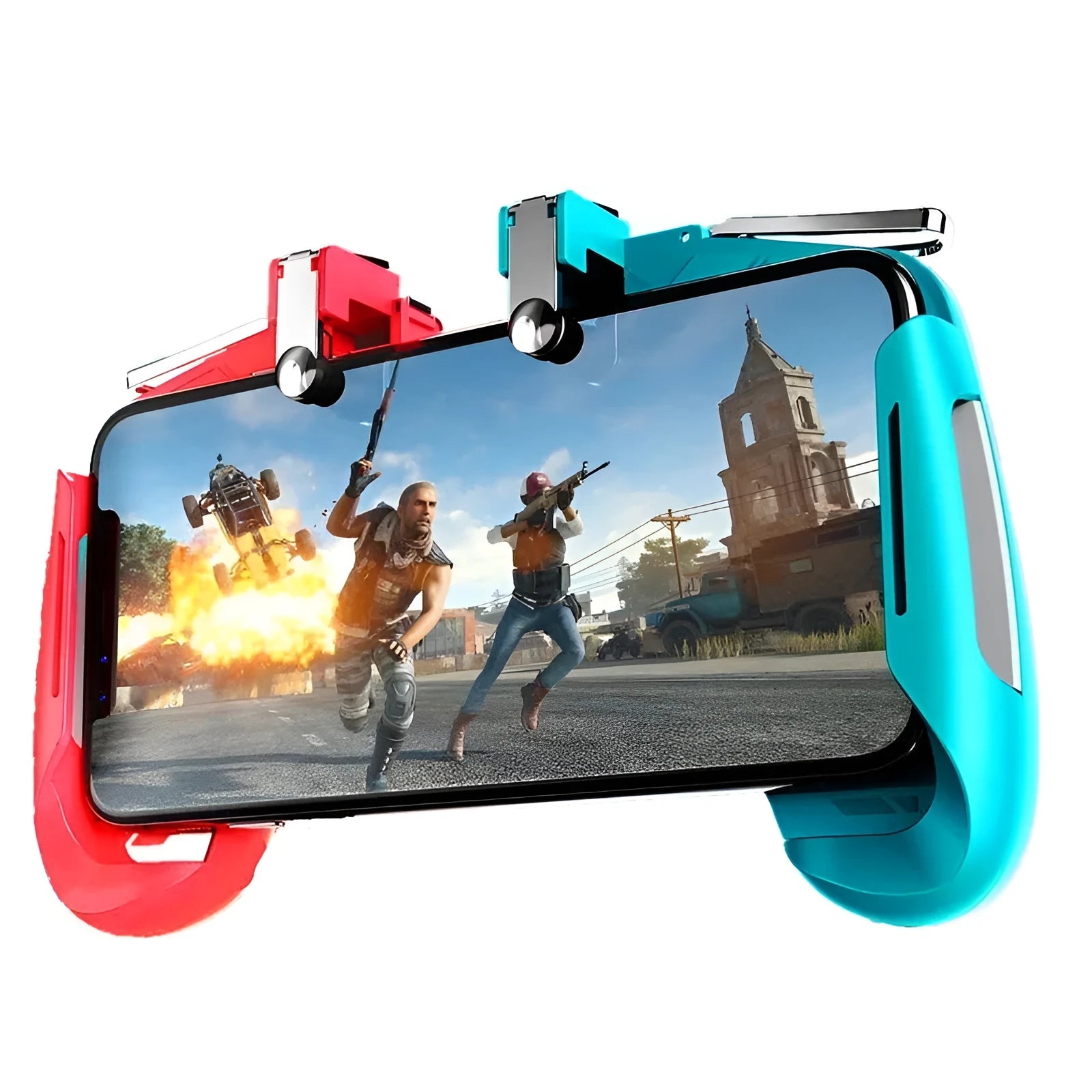 Multifunctional mobile game handle controller in black, blue, and white colours with adjustable grip