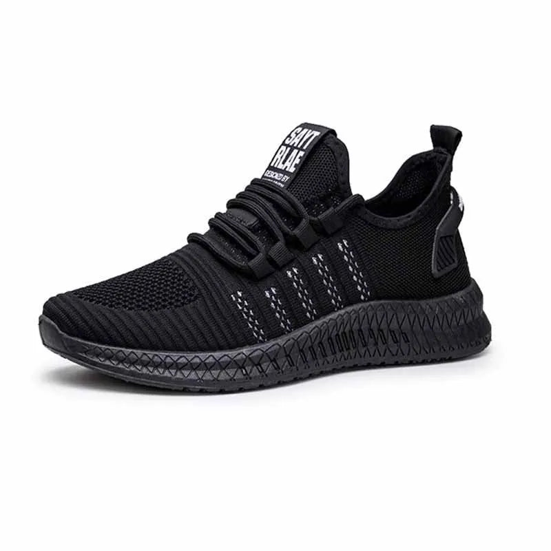 Men's black casual sports shoes with white stripes and a cross-strap detail over a Flying Weave upper.