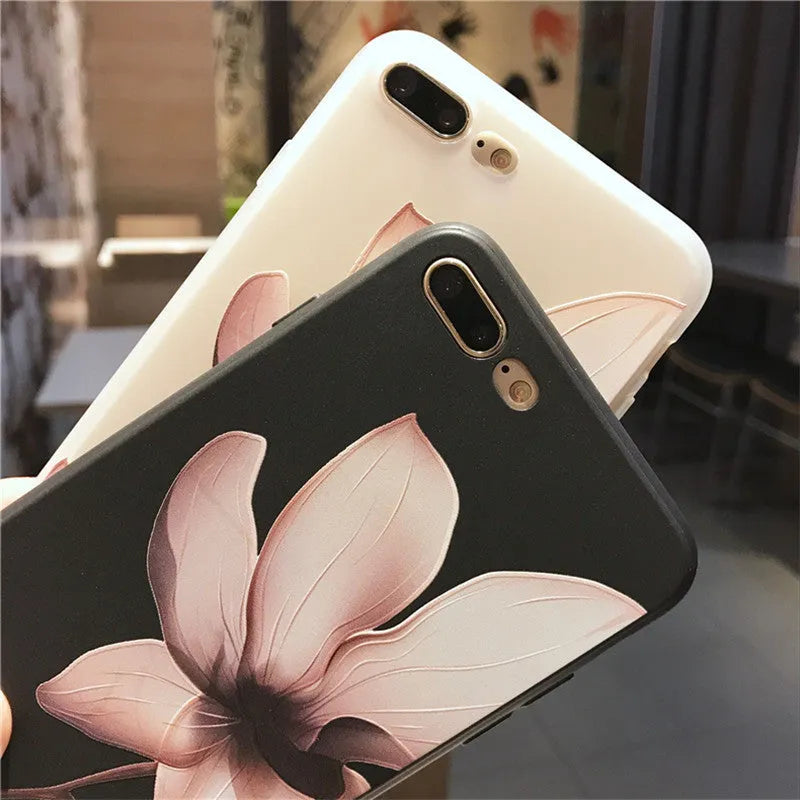 Embossed flower pattern TPU iPhone case back cover in black colour