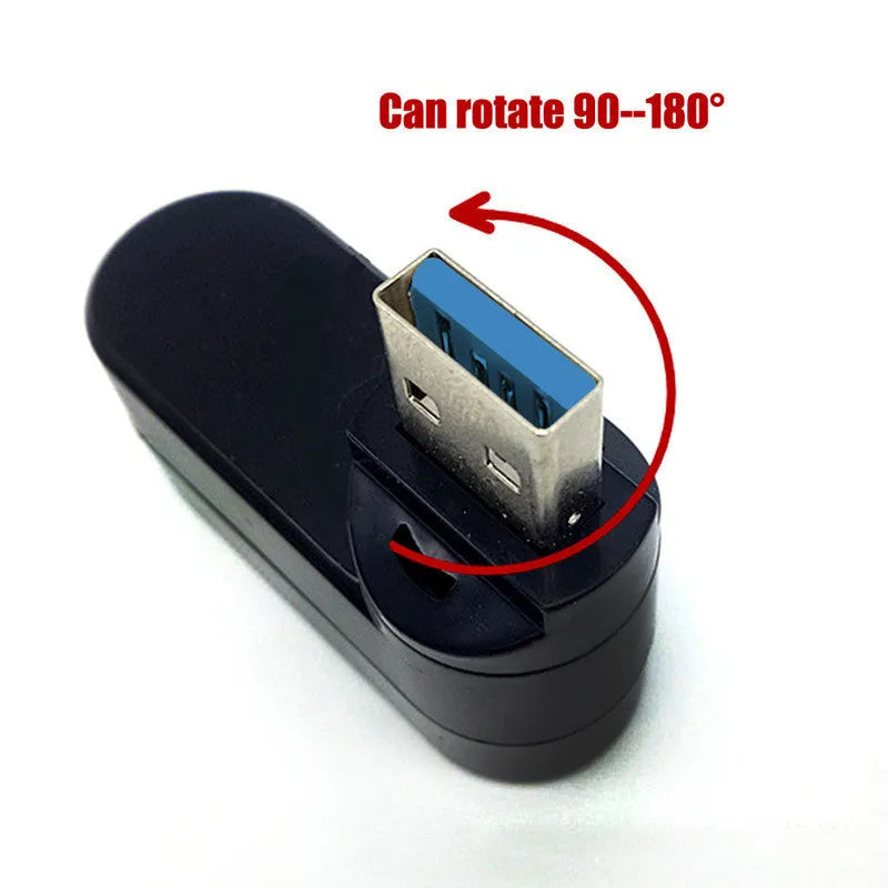 Black and white USB rotary splitter hub with four ports on a rotating ABS plastic base.