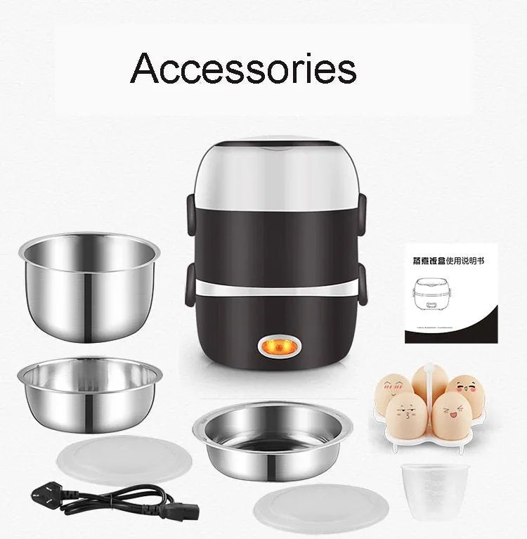 White multi-function electric lunch box with USB cable and two-layer or three-layer design options