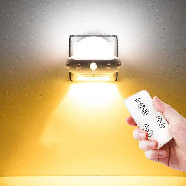 Remote control UFO shaped bedside night light in blue, pink, or white colour.