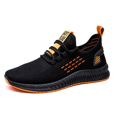 Men's black casual sports shoes with white stripes and a cross-strap detail over a Flying Weave upper.