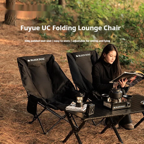 Night black portable camping recliner folding chair in moon chair style, shown both set up and folded.