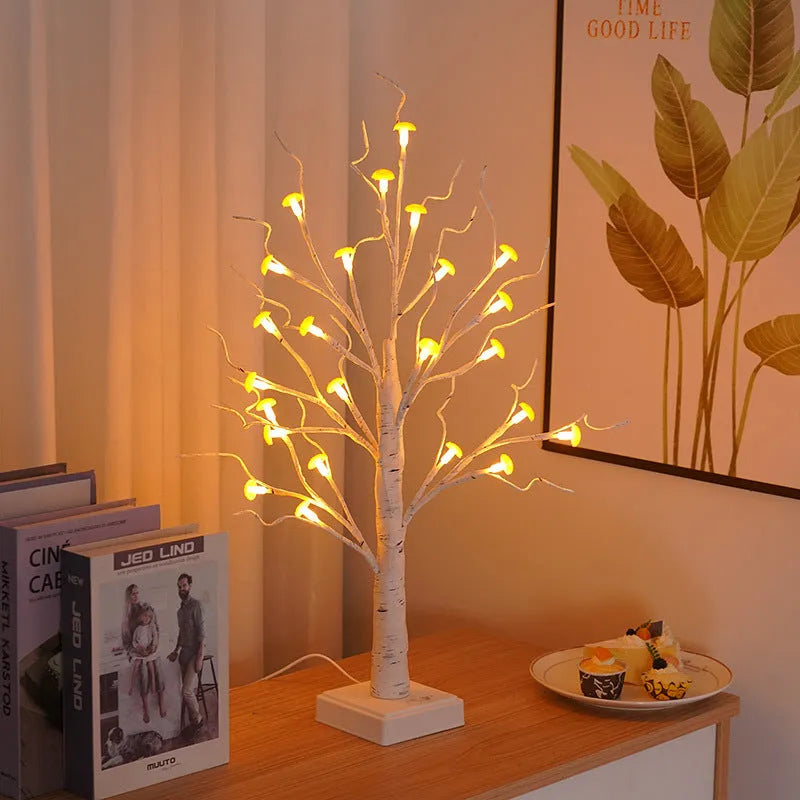 60cm tall white birch tree LED lamp with 24 small red detachable mushroom ornaments