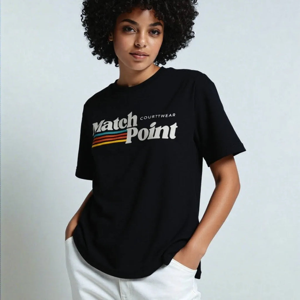 Black men's casual t-shirt with 3D digital text print, round neck, and short sleeves.