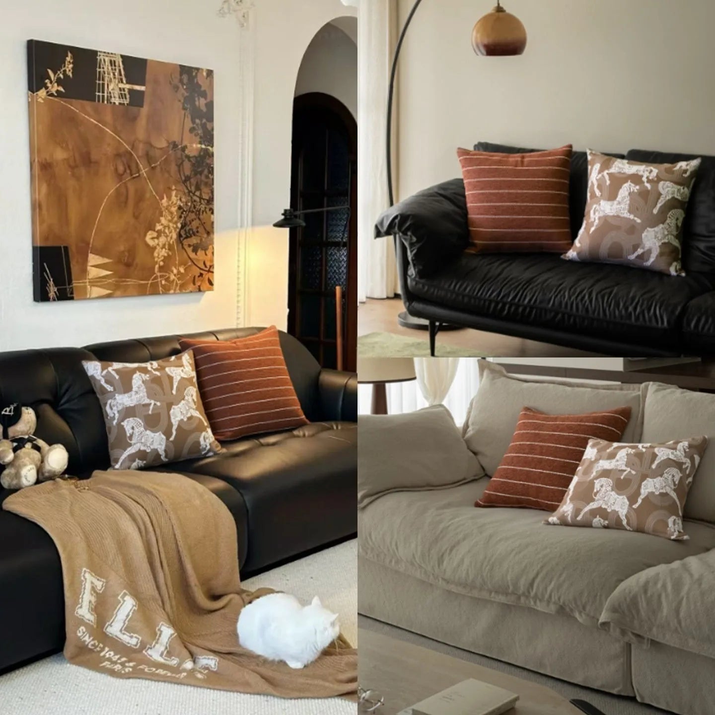 Chinese style square cushion pillow in geometric pattern, 45cm size, on a sofa.