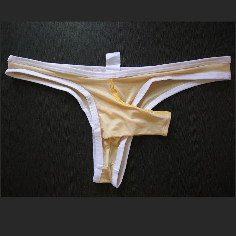 Men's Ice Silk Elephant Nose briefs shown in multiple colours including army green, black, and skin colour.