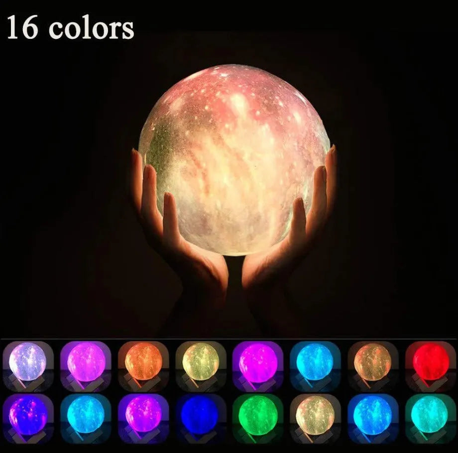 3D printed spherical moon night light with textured surface, shown with remote control.