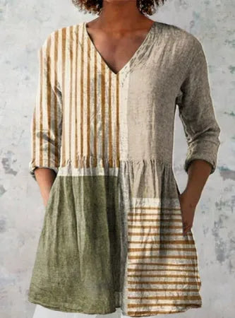 Women's printed floral dress with loose fit, wide waist, and 3/4 ruffle sleeves