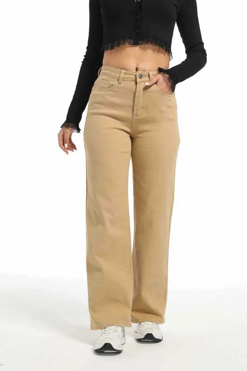 Women's high-waisted apricot wide-leg straight jeans made from elasticated cotton.