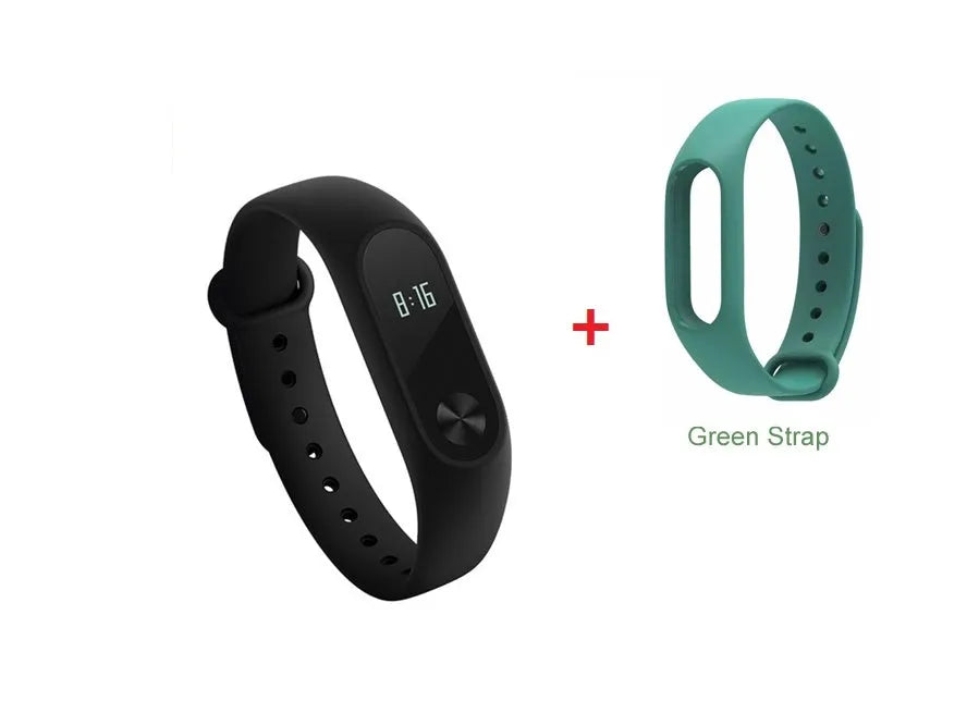 Black Xiaomi Mi Band 2 fitness tracker with OLED screen on a wrist.