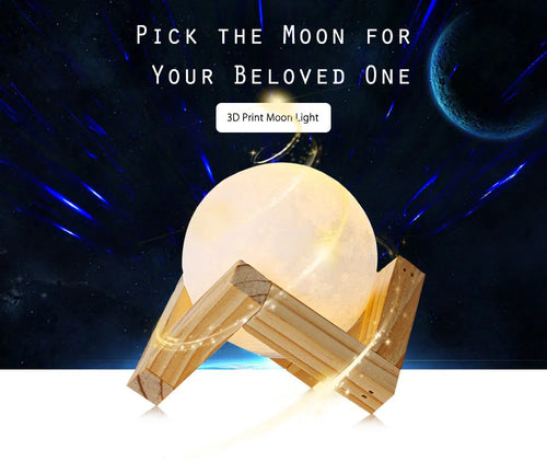 3D printed white moon lamp on wooden stand with touch metal ring at base