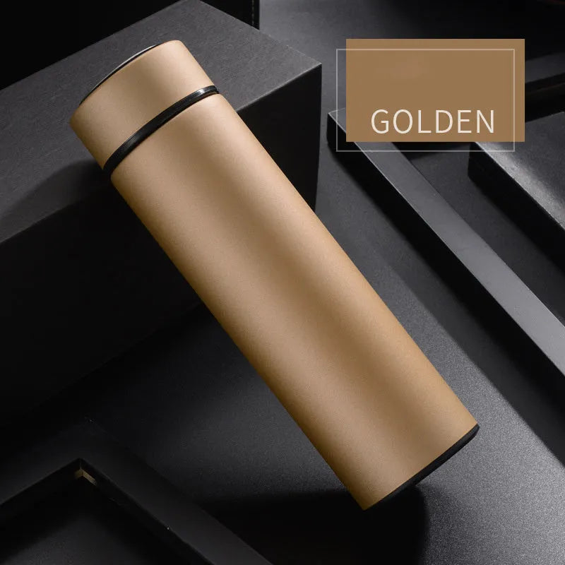 450ml stainless steel insulated water bottle in blue with optional temperature display on lid.