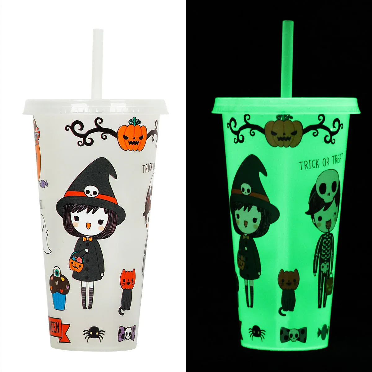 Plastic Halloween sippy cup with luminous straw measuring 17.5cm tall with 720ml capacity