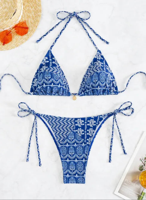 Women's split bandage bikini swimsuit with printed stitching details in various colours