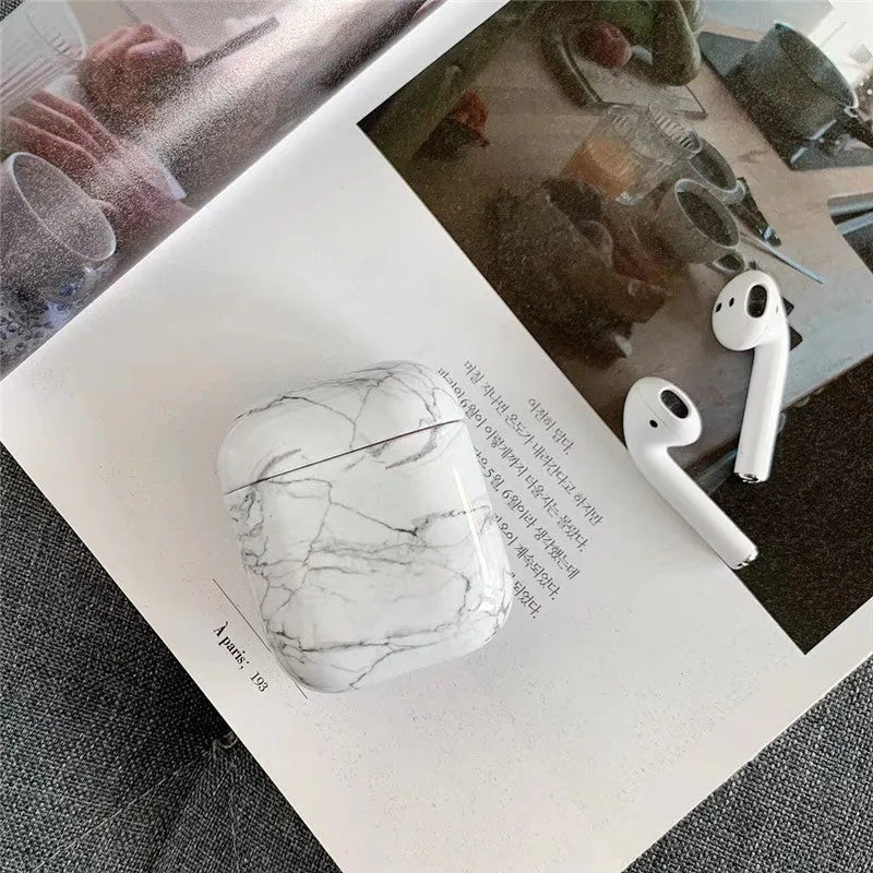White marble patterned hard PC protective case compatible with Apple Airpods 1 and 2 charging box