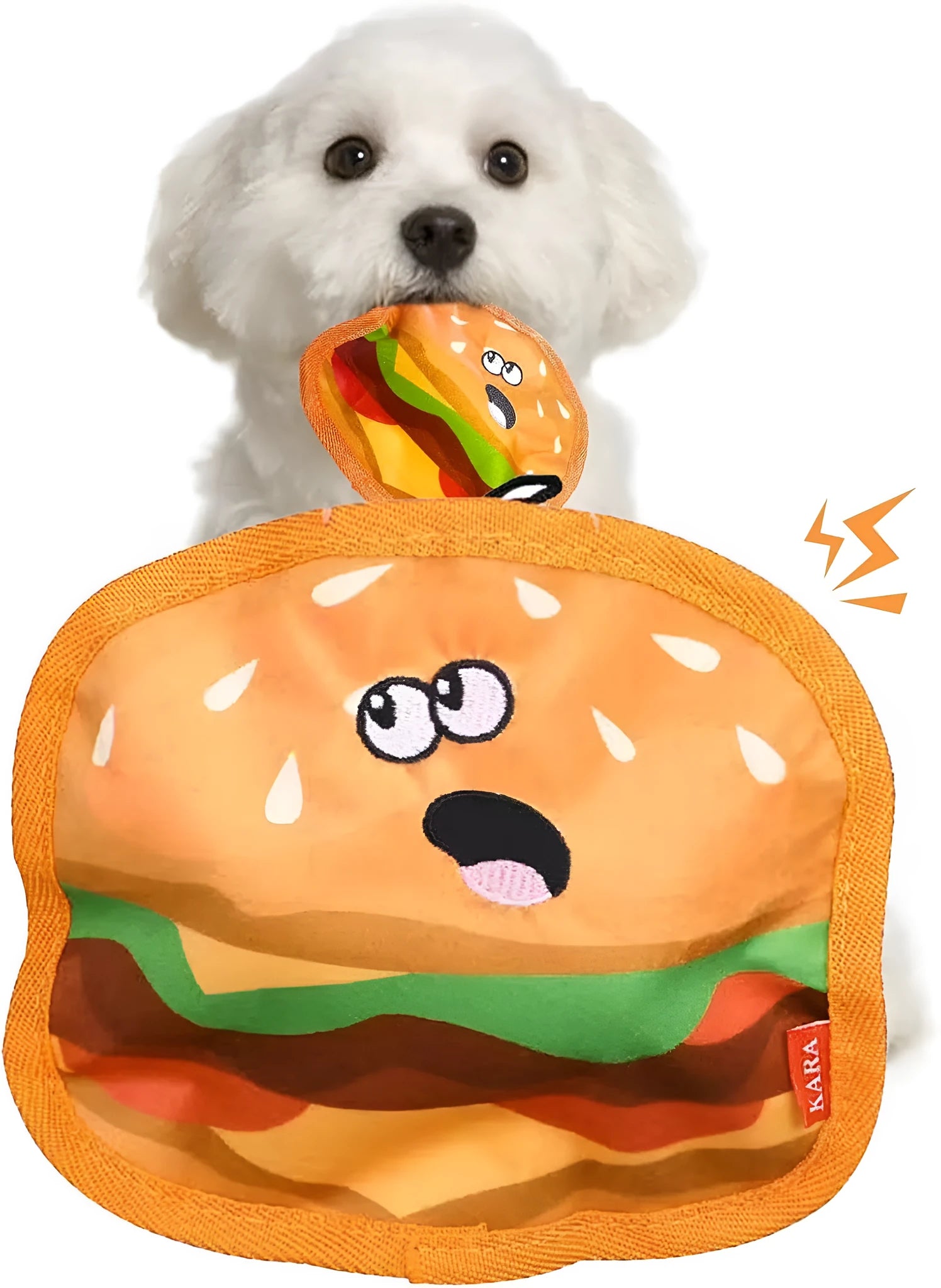 Set of four food-shaped dog toys: hamburger, fries, hot dog, and pizza, with vivid colours.