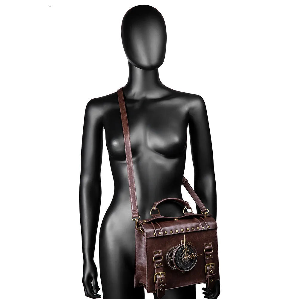 Bronze steampunk industrial retro shoulder bag with pillow shape and metal details