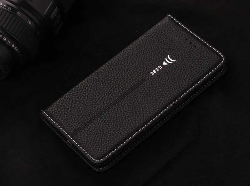 Black PU leather wallet case for iPhone showing card slots