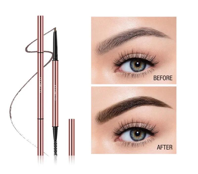 Eyebrow pencil in colour box showing six shade options: Auburn, Blonde, Caramel, Dark Brown, Soft Brown, and Taupe.