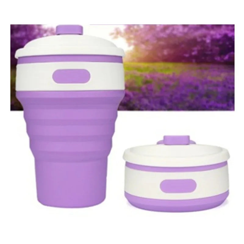 Green collapsible silicone travel cup showing folded and expanded states with leak-proof cover