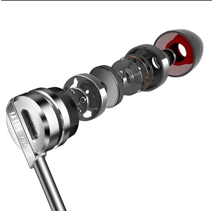 Black metal HIFI in-ear earphones with smart wire control and microphone.