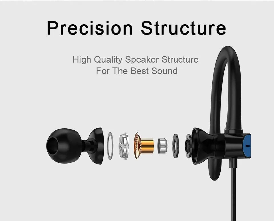 Black and blue sport ear hooks attached to PTM TS27 earphones with microphone.