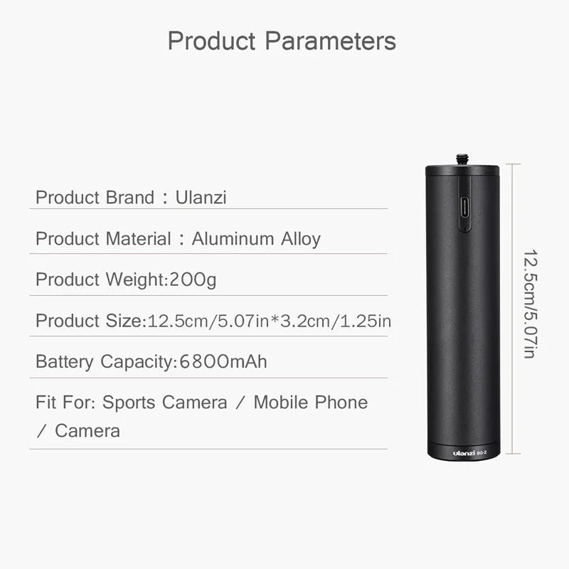Black aluminium alloy portable power bank with a carry handle showing size of 12.5cm