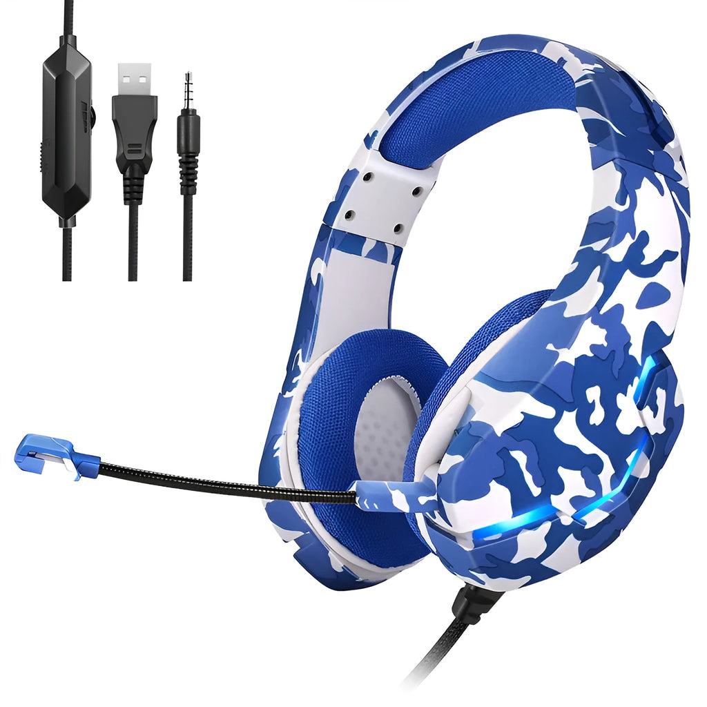 Wired gaming headset with cloth earmuffs and braided cable in camouflage blue colour