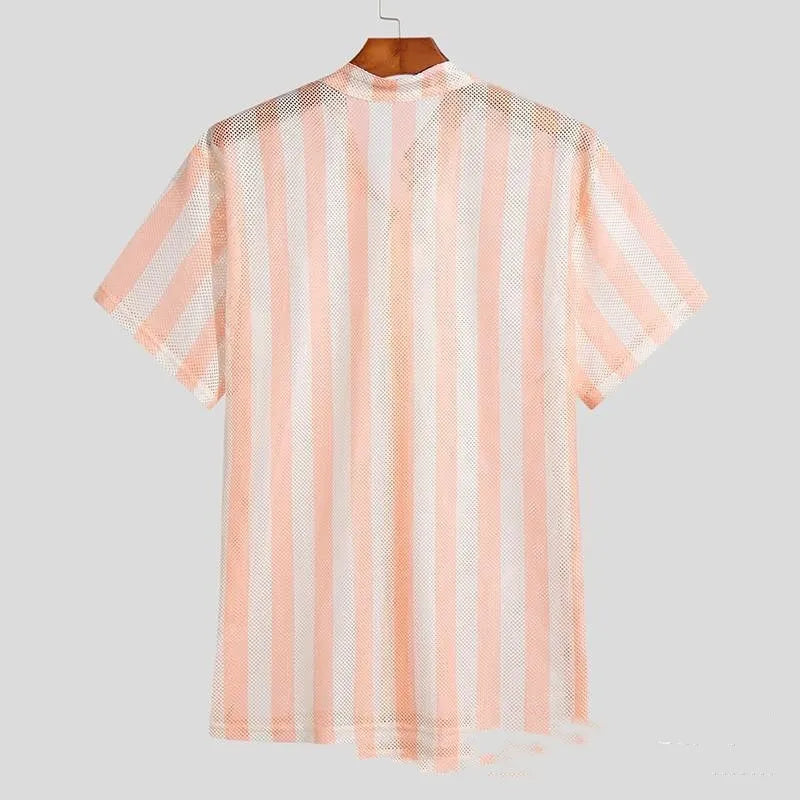 Pink loose waffle-textured men's summer cardigan shirt with short sleeves
