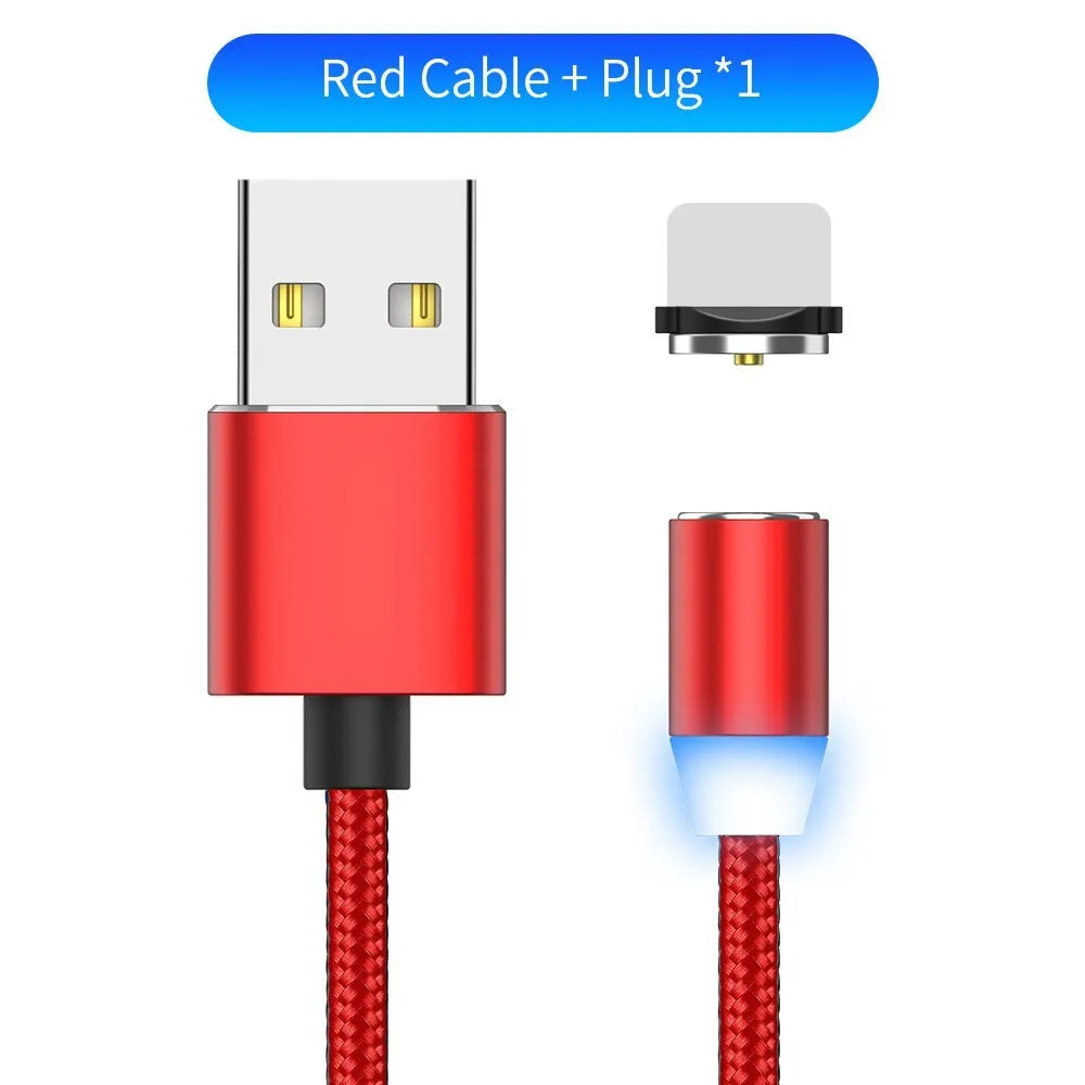 Black magnetic charging cable with LED light and aluminium connectors showing magnetic tip attachment