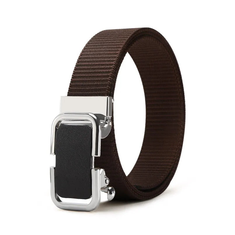 Men's nylon canvas belt with a silver toothless alloy buckle on a grey strap.