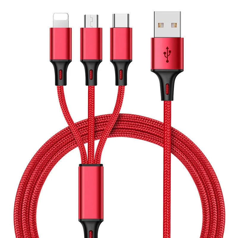 Braided 3-in-1 data cable with aluminium alloy connectors showing red, blue, silver and black colour options