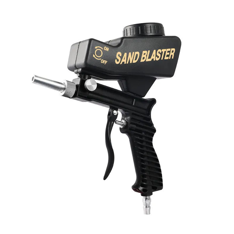 Portable black or blue pneumatic sandblasting gun with upper pot tank for on-site surface preparation.