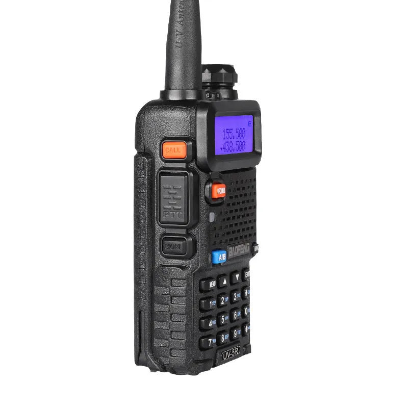 Compact black VHF UHF dual-band walkie talkie with antenna, LCD display, and side buttons