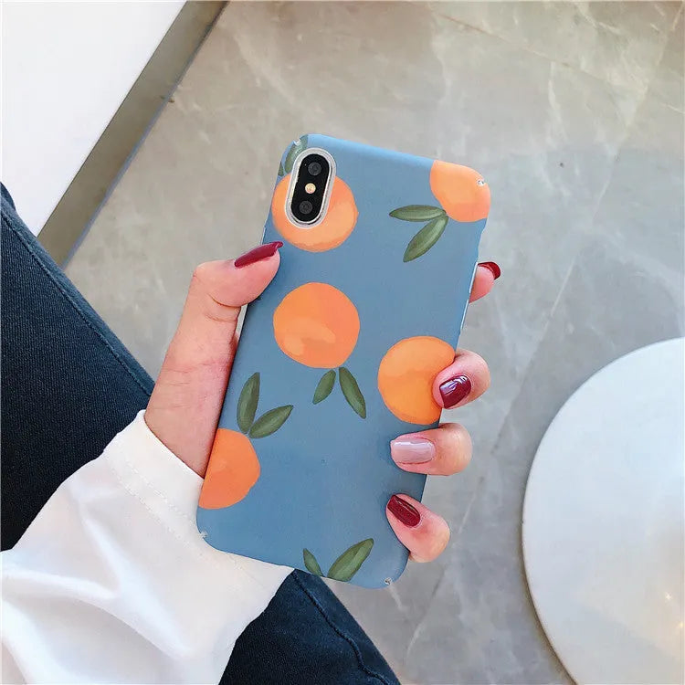 Retro orange design on blue plastic iPhone back cover case for multiple models.