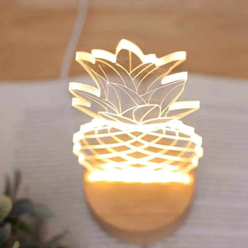 Cartoon pineapple table lamp with wood and acrylic construction on bedside table