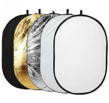 5-in-1 portable photography reflector with gold silver white black translucent surfaces folded next to carrying bag