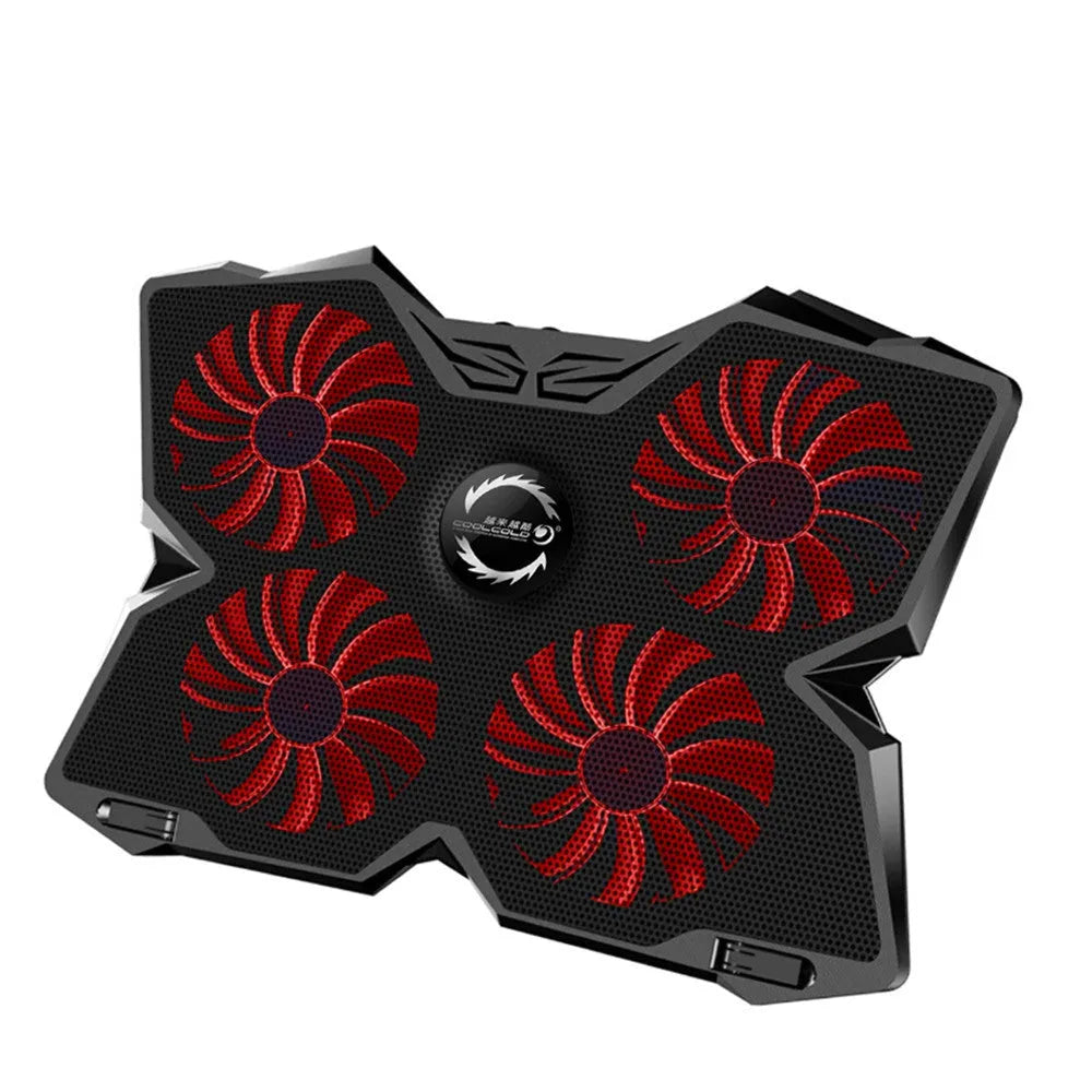 Blue laptop cooling base with four LED fans and two USB ports on front edge