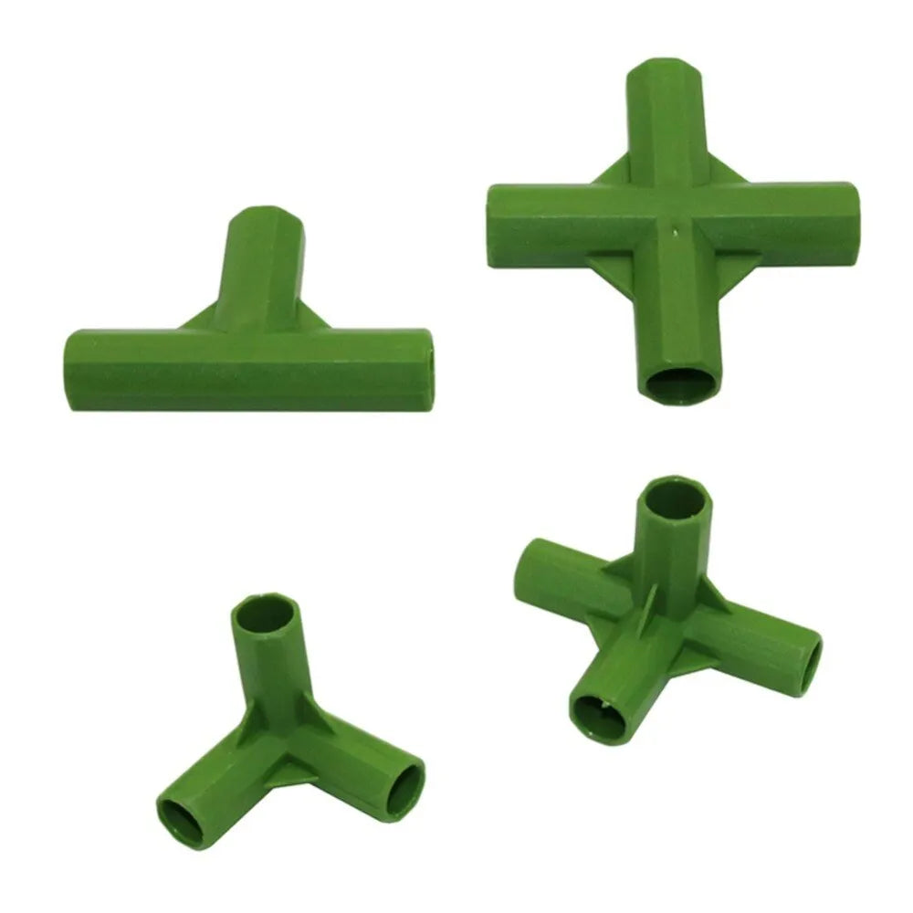 Two white PP plastic garden connectors, one 3-way and one 4-way, for 11mm plant support stakes.