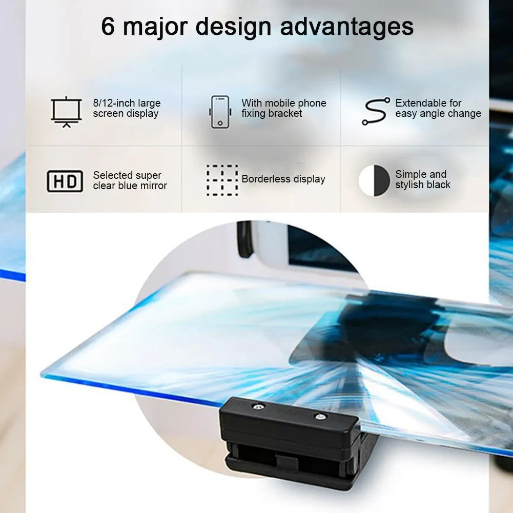 Black mobile phone screen amplifier with 12-inch acrylic display and adjustable folding bracket