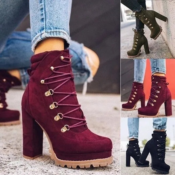 Women's suede ankle boots with a thick high heel and platform sole in four colour choices.