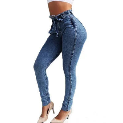 Women's fringed jeans in cowboy fabric, shown in grey, dark blue, and light blue colour options.