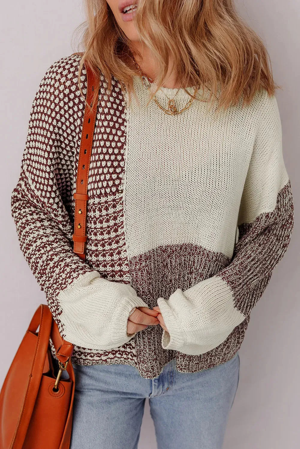 Dark khaki colour block loose knit sweater with drop shoulders and back tie detail