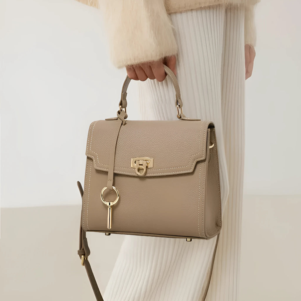 Elephant grey genuine leather vintage lock handbag with square vertical shape and file compartment
