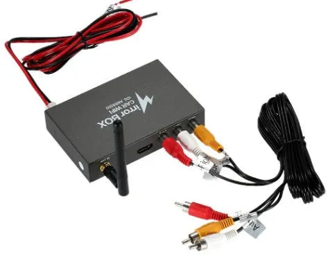 Black Car Mirror Link Box Wi-Fi converter with power cable, AV cable, antenna, and manual