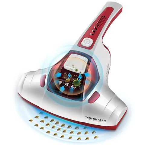Pink handheld dust mite vacuum cleaner on a mattress showing its size and cleaning nozzle.